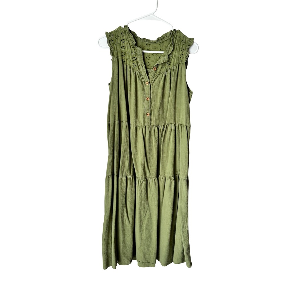SHEIN Women Green Cotton Eyelet Lace Tiered Boho Midi Dress Small